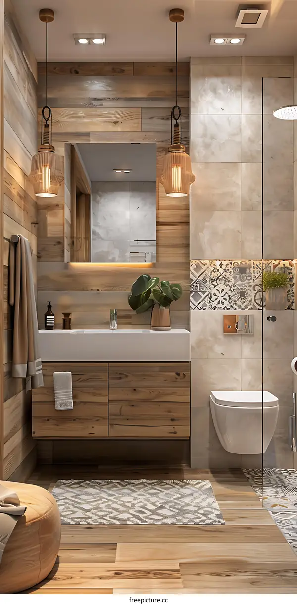 IKEA style bathroom design, wooden wall, ceramic tile floor, glass shower room, simple and stylish