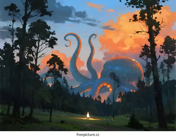 Mysterious Giant Octopus in Enchanted Forest at Sunset