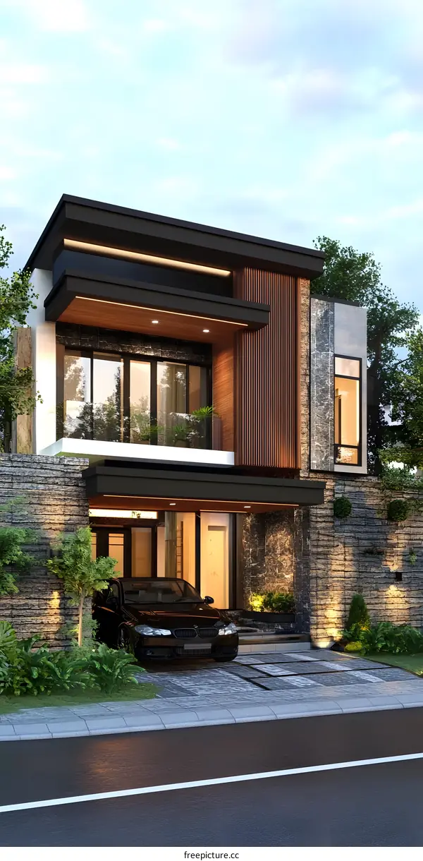 Modern House Design with Stone and Wood Exterior