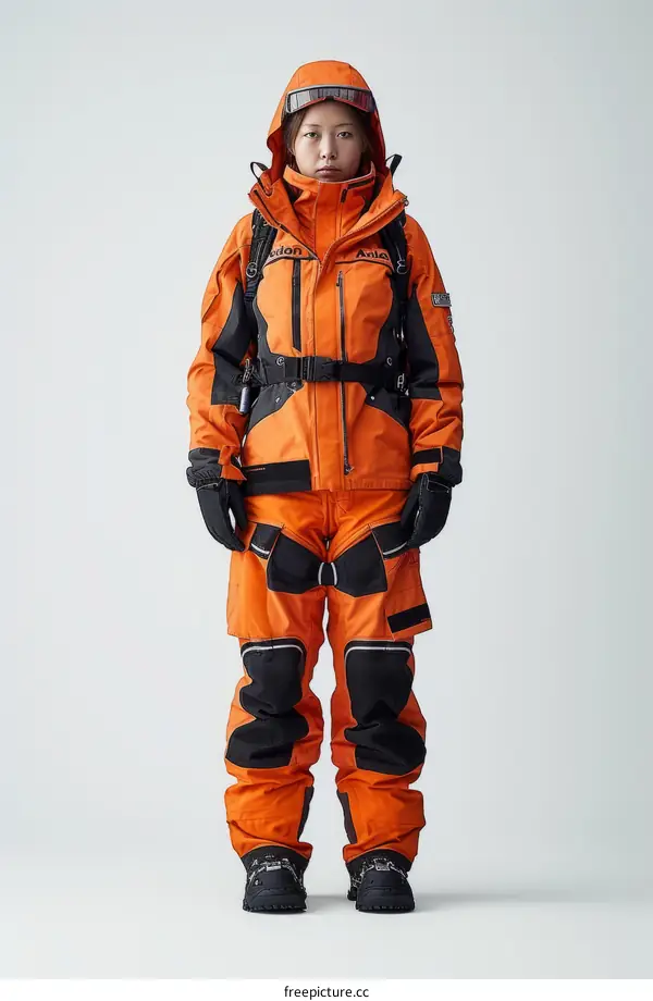 A woman wearing an orange and black ski suit