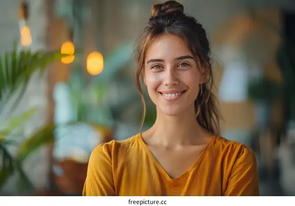 portrait of a young woman with freckles smiling
