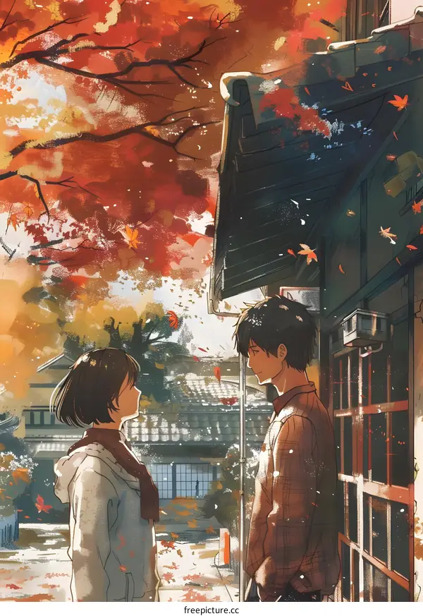Anime Couple in Autumn, Japanese Style Illustration