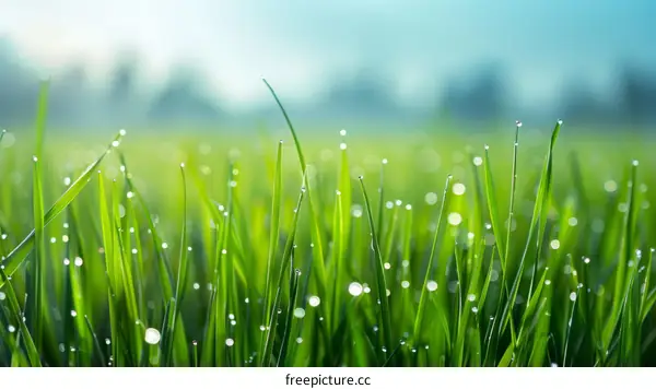 Close-up of green grass with dew drops on a sunny day