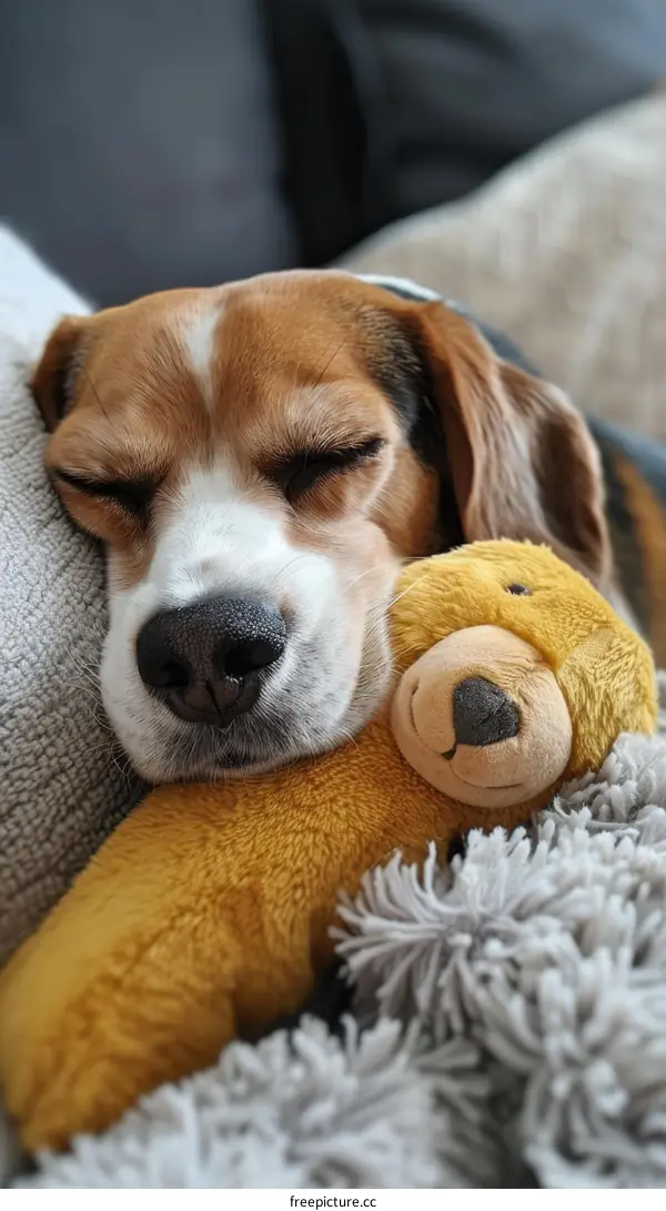 A Beagle dog sleeping with a stuffed animal