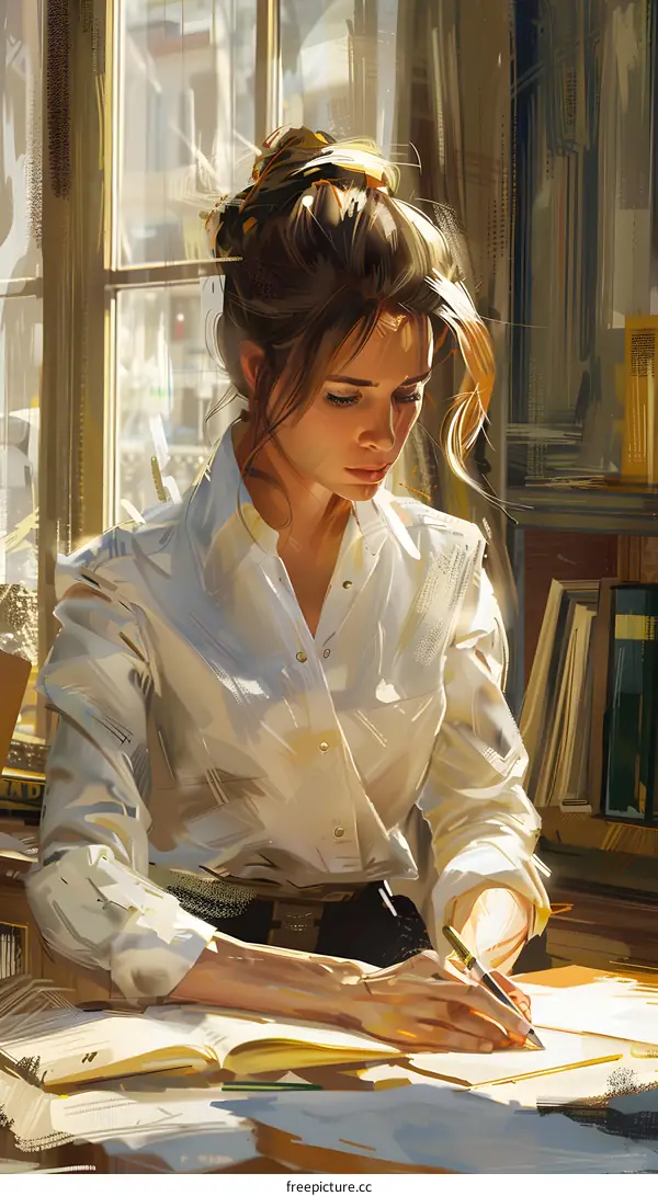 Woman Writing in a Sunny Room
