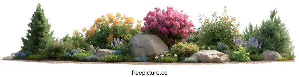 [Transparent Background PNG]A Colorful Garden Design with Lush Plants and Rocks