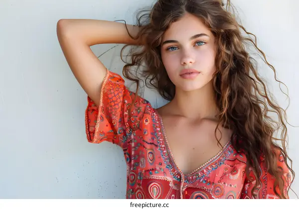 portrait of a beautiful young woman with long brown hair and blue eyes