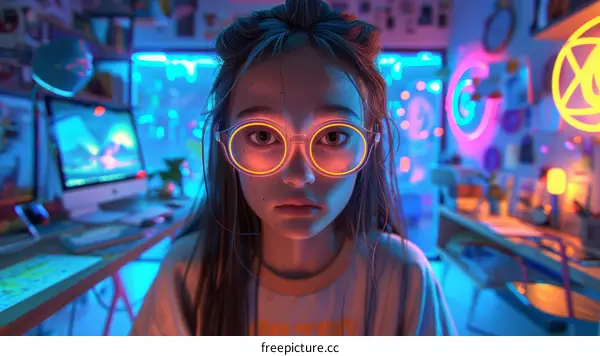 Portrait of a young girl wearing glasses in front of a computer.