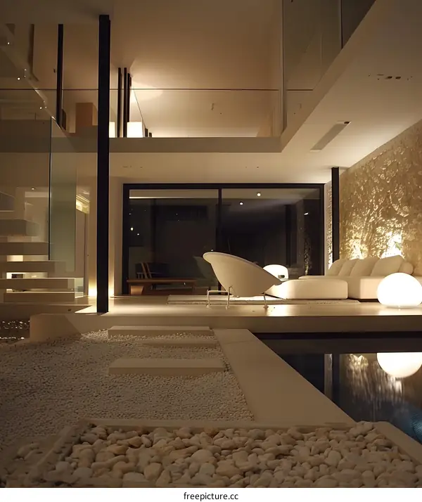 Modern Minimalist Home Interior Design with White Pebble Garden