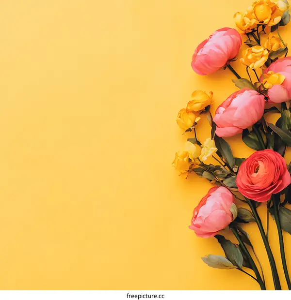 Yellow and Pink Flowers on Yellow Background