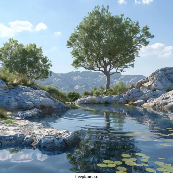 The sun shines through green leaves by a blue lake