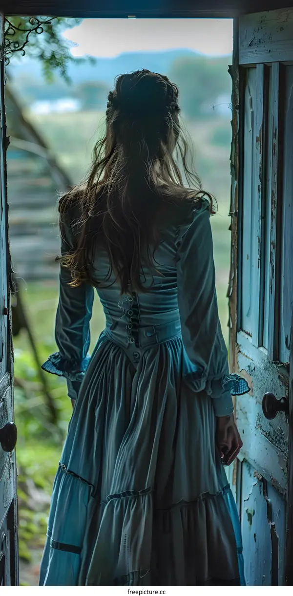 A woman in a blue dress standing in a doorway