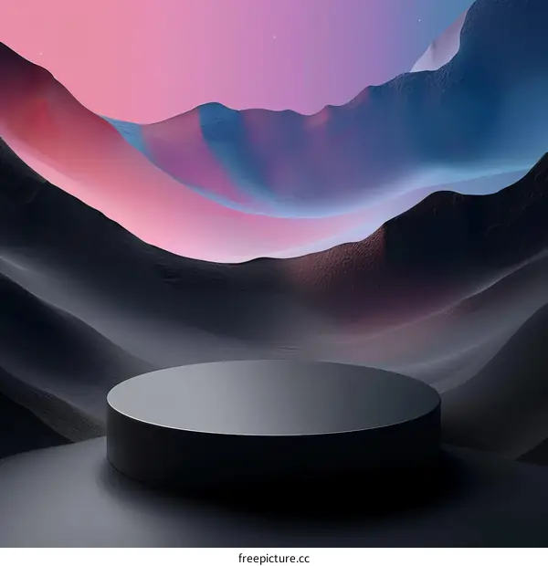 Black podium on the background of dark wavy landscape