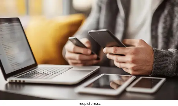 Person using multiple devices in a cafe