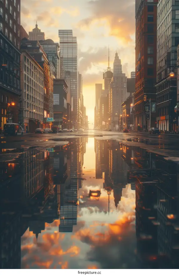 Empty Urban Street with Puddle Reflecting Sunset Sky