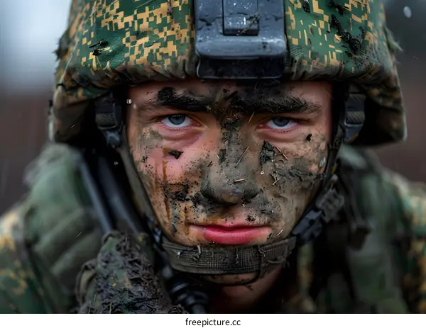 Close Up Portrait of a Soldier Covered in Mud