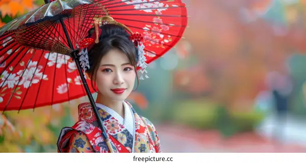 Portrait of a beautiful Japanese woman in traditional kimono holding a red umbrella