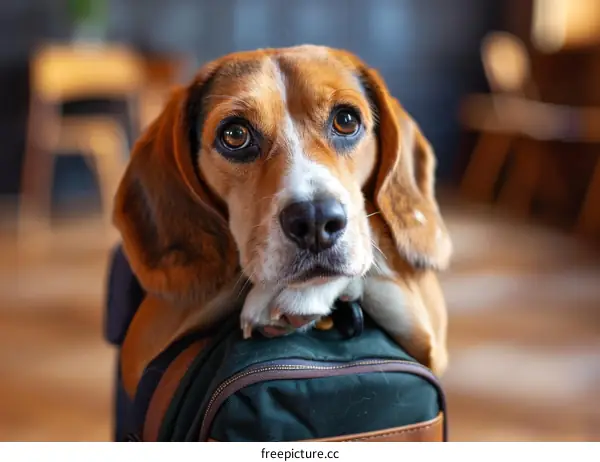 A beagle dog wearing a collar and resting its head on a backpack