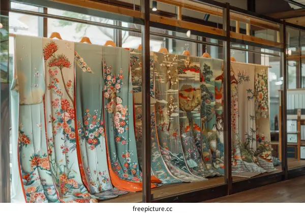 A variety of traditional Japanese kimono with floral patterns