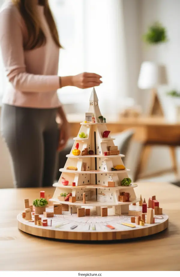 woman playing with wooden toy pyramid