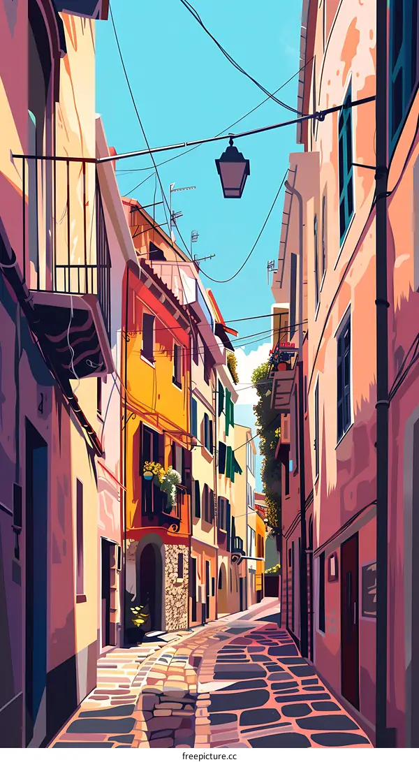 Colorful Buildings and Cobblestone Street in Italy