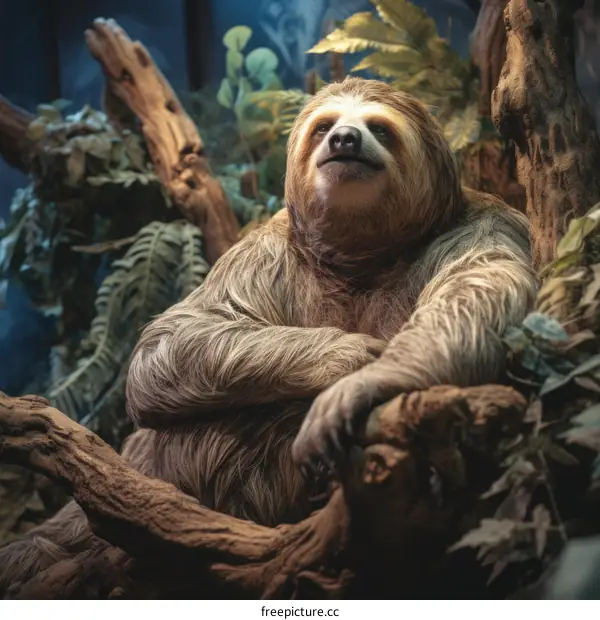 Sloth Relaxing on Tree Branch in Lush Rainforest