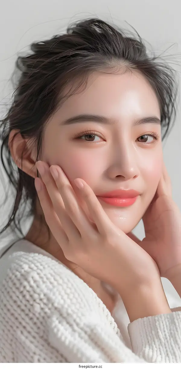 Beautiful Asian Woman with  White Knit Sweater