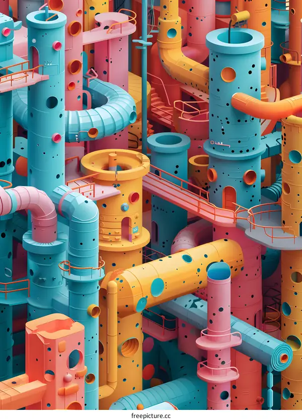 Colorful 3D illustration of a city made of pipes
