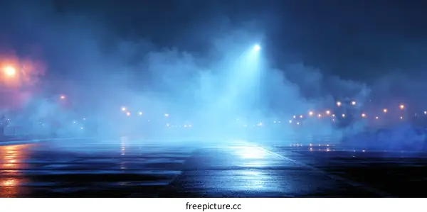 Night Foggy Road with Spotlights