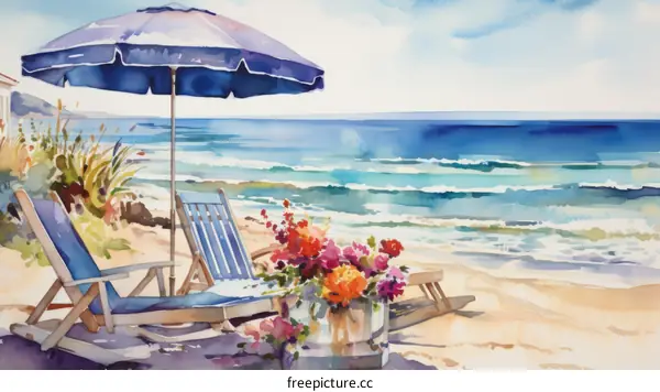 Watercolor painting of a beach with blue umbrella and two chairs