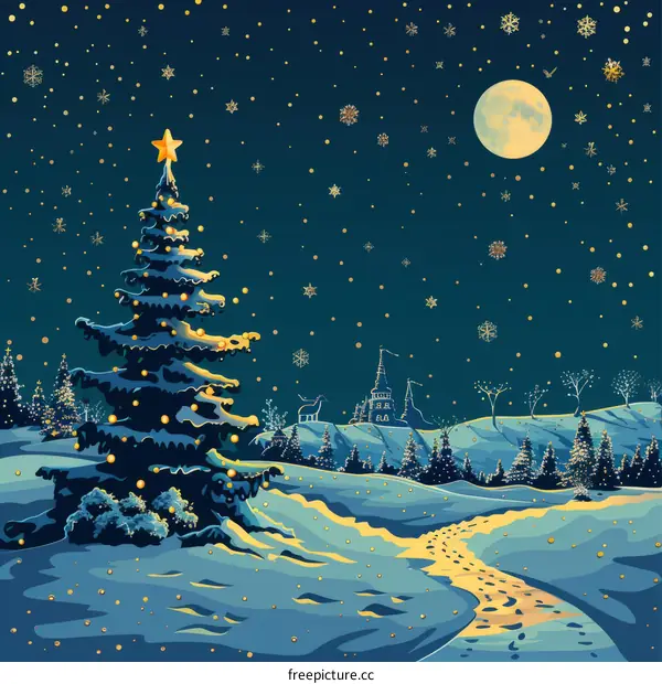 Snowy Christmas Night with a Christmas Tree
