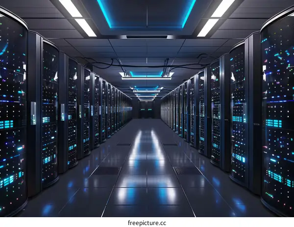 Futuristic data center with rows of server racks containing multiple server blades with blinking lights