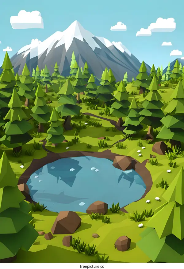 Low Poly Forest Landscape with Mountain and Pond
