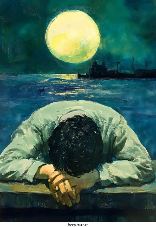 Man Kneeling Under Full Moon with Ship in Distance Oil Painting