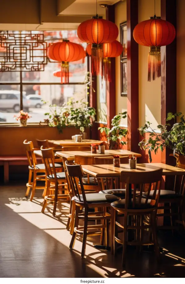 Ornate Chinese restaurant interior with red lanterns