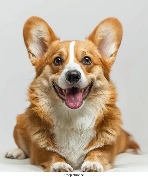 A happy looking corgi dog with a white background