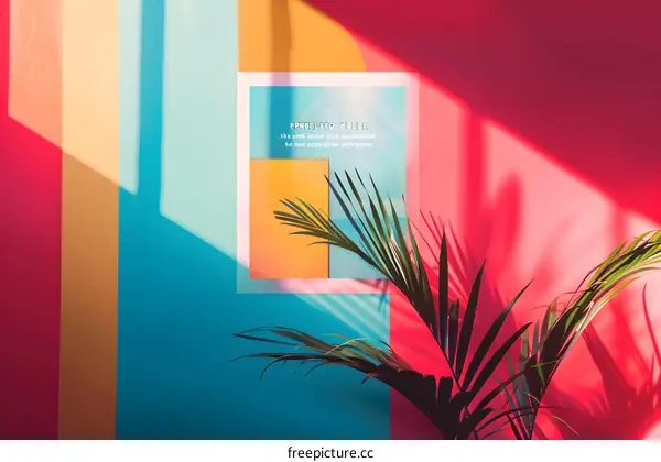 Colorful Wall with Palm Leaf and Framed Poster