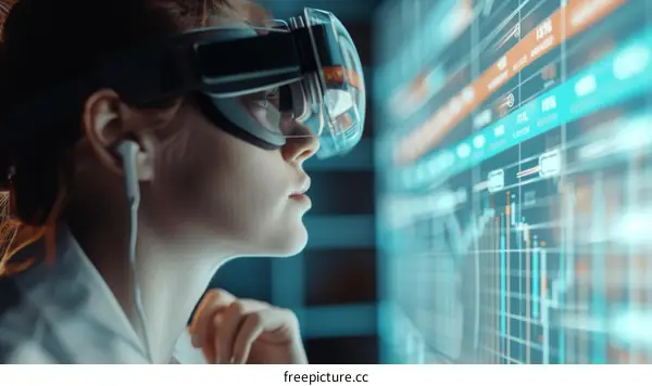 businesswoman using virtual reality headset analyzing financial data