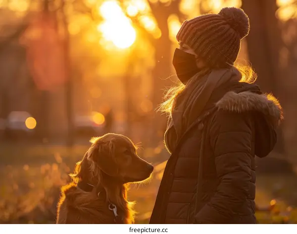 Woman wearing a mask and a dog looking at each other in the park at sunset