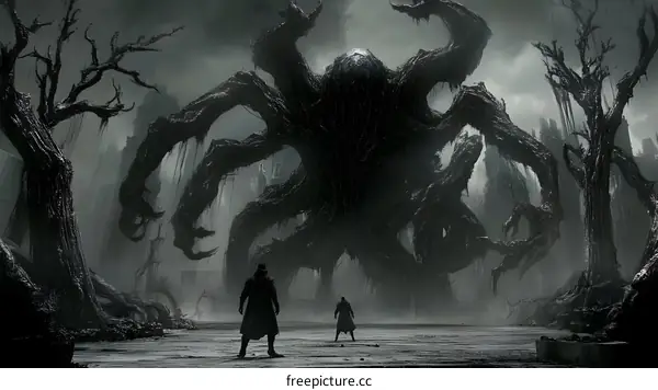 Two Figures Confronting a Giant Tree Monster in a Dark and Desolate World