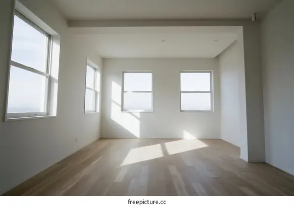 Empty room with large windows and wooden flooring