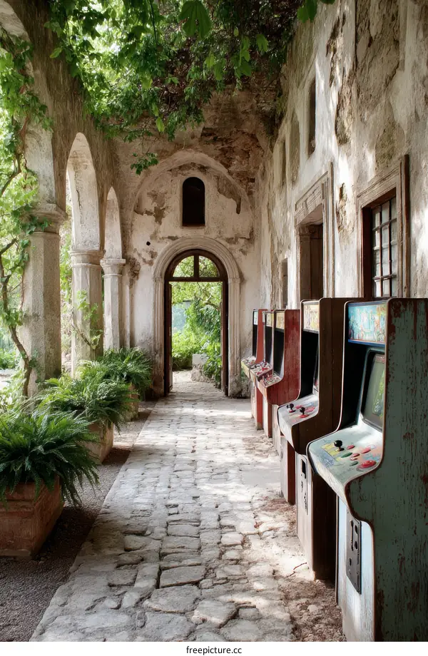 Ruined Arcade Alleyway in a Sunlit Garden