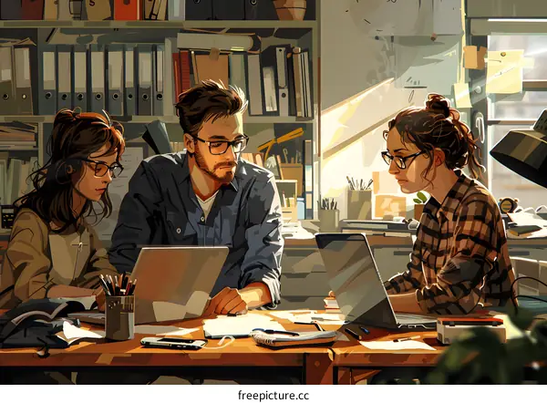 Three people in a room working together