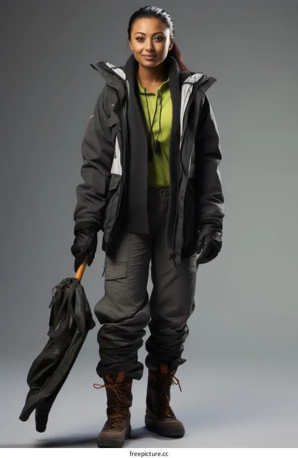 A young woman in a green shirt and black jacket is standing in front of a gray background.