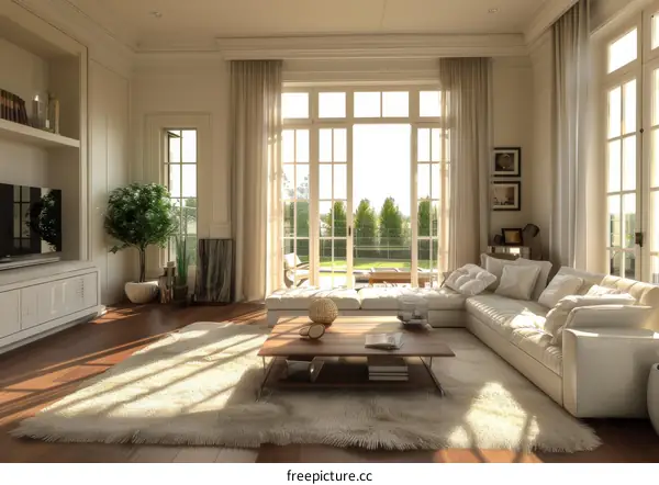 Bright Luxurious Living Room in Villa Has Grand Windows