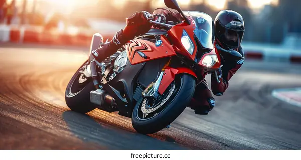 A motorcyclist is racing on a track