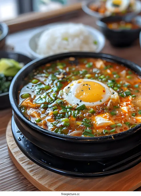 A delicious bowl of Korean tofu soup with rice