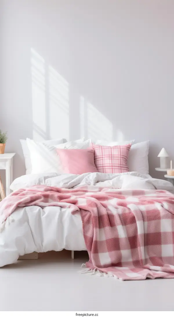 Cozy Bedroom with a Checkered Blanket and Pillows in Pastel Pink and White