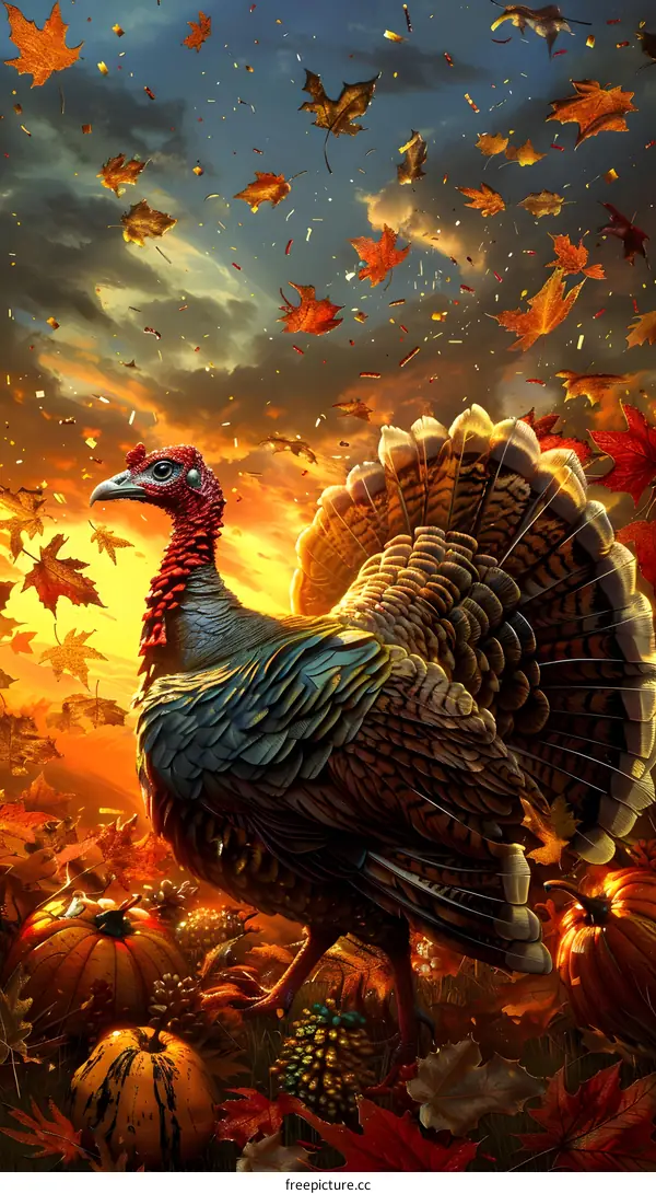 A Thanksgiving turkey stands in a field of pumpkins.