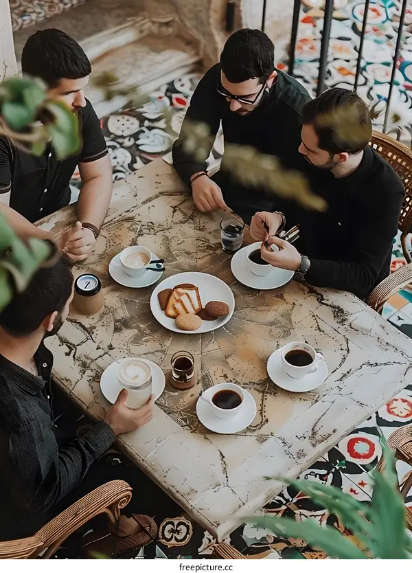 Friends Enjoying Coffee and Cake at a Cafe Table